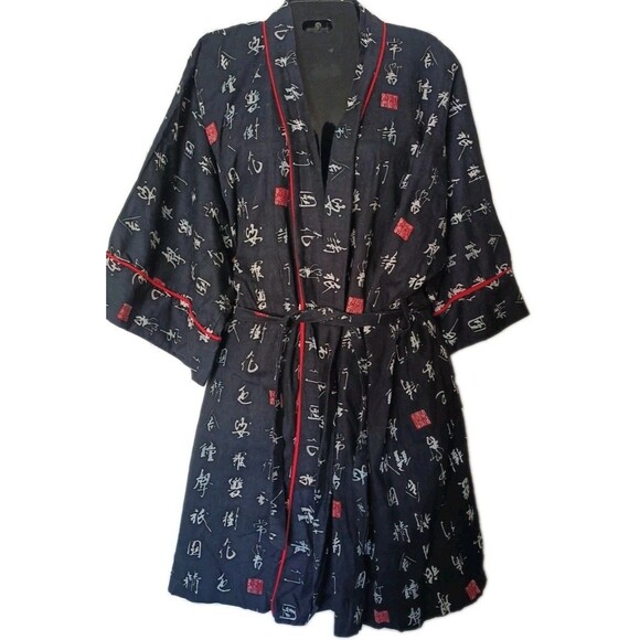 Unisex Japanese Yukata Kimono Robe Wrap Jacket Black Red One Size Vintage 1987 - Picture 1 of 8